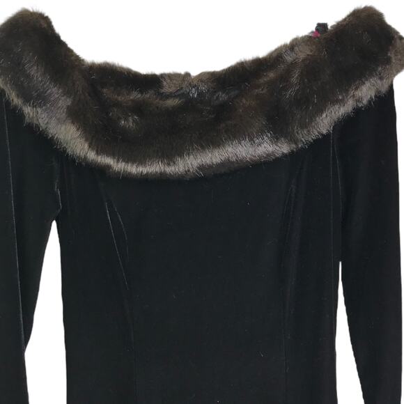 Cachet Dress Women 8 Vintage 80s Maxi Black Faux Fur Stretch Velvet Long Sleeve - Picture 3 of 10